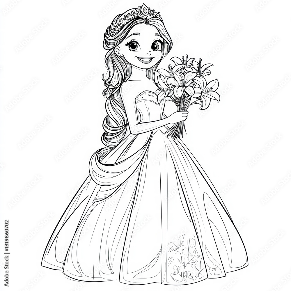 Enchanting Princess with a bouquet of lily flower: A beautiful princess illustration, adorned with a crown and a flowing gown, she holds a delicate bouquet of lily flowers. Enchanting Princess with a bouquet of lily flower: A beautiful princess illustration, adorned with a crown and a flowing gown, she holds a delicate bouquet of lily flowers.
