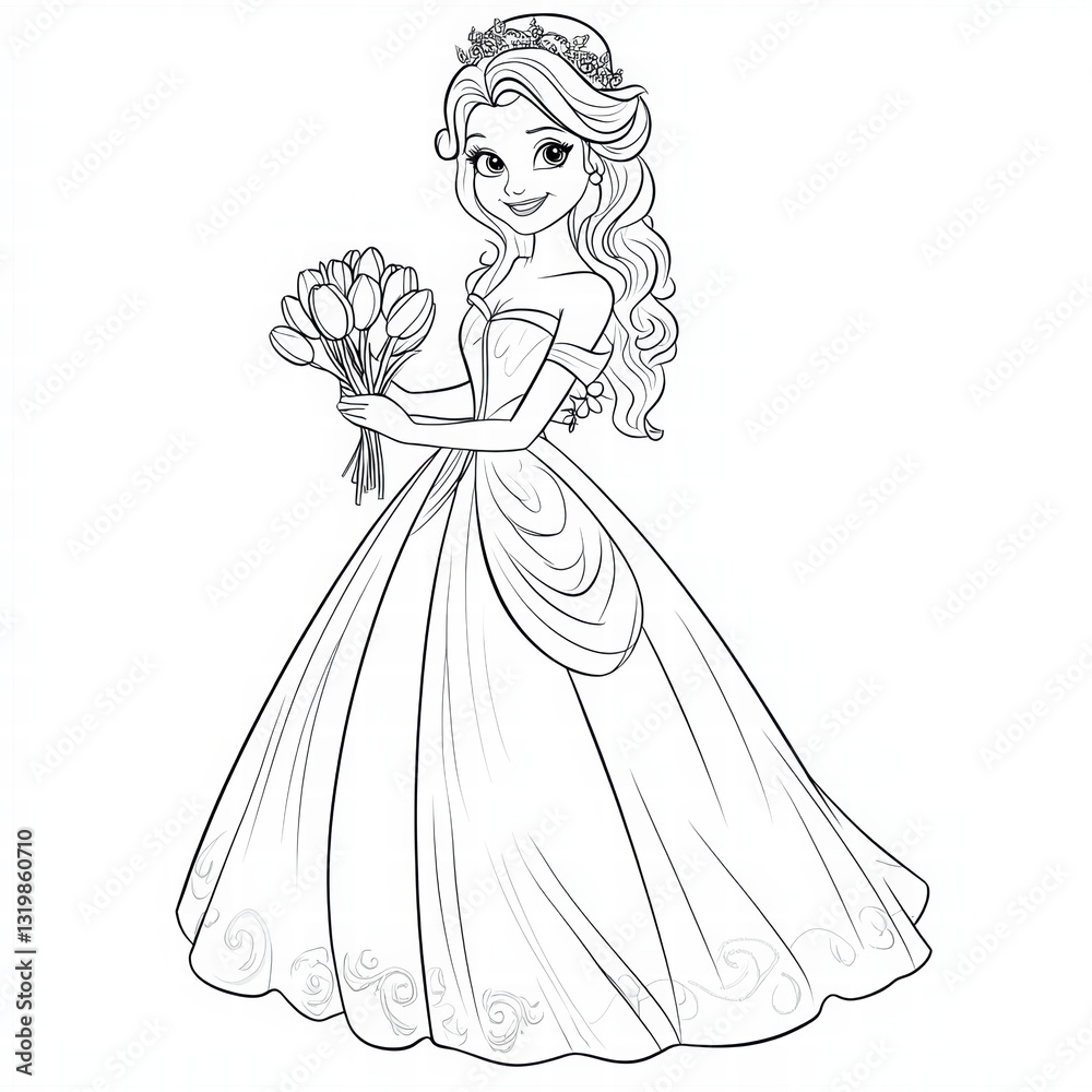 Elegance and Grace: A beautifully illustrated princess, holding a bouquet of tulips, ready to be colored in. Elegance and Grace: A beautifully illustrated princess, holding a bouquet of tulips, ready to be colored in.