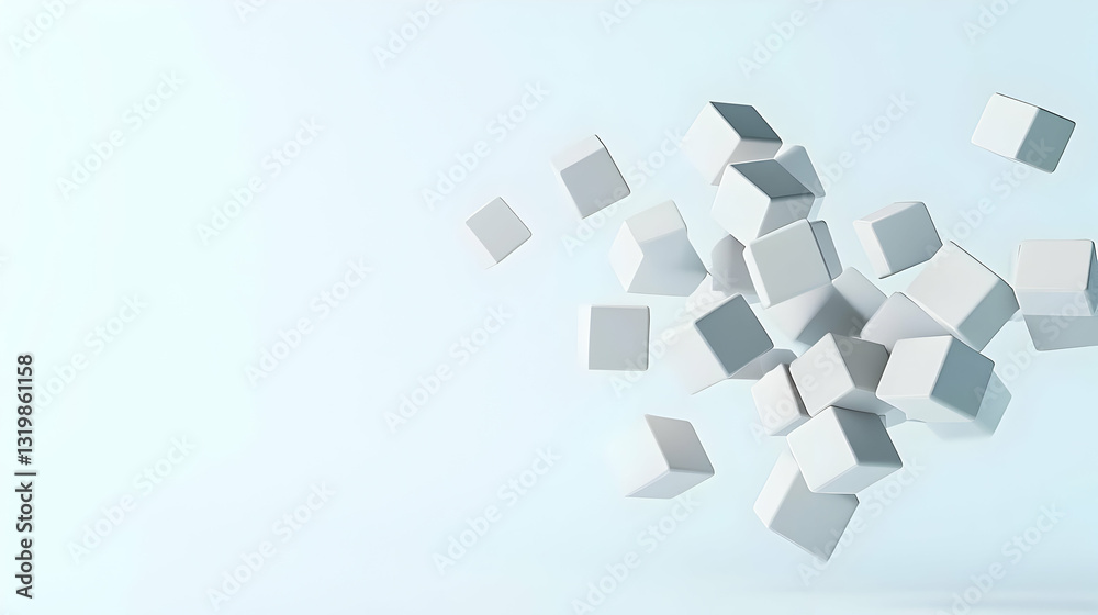 3D Render of White Cubes Floating Against A Soft Blue Backdrop in Minimalist Style 3D Render of White Cubes Floating Against A Soft Blue Backdrop in Minimalist Style