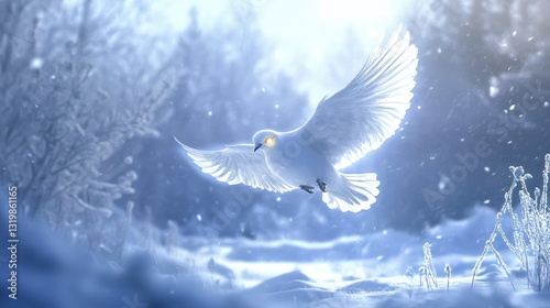 Snowy winter scene with a flying dove photo