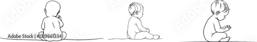 A baby boy sitting, illustrated in a continuous line art style. Cute toddler child black linear sketch, isolated on a white background. Modern illustration