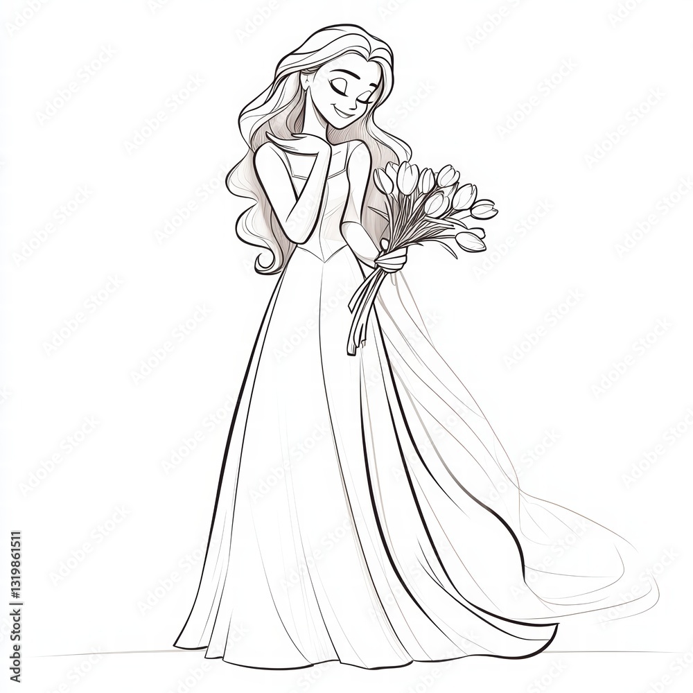 Enchanting Bride's Embrace: A beautifully sketched bride, radiant with joy, tenderly holds a bouquet of flowers, her eyes reflecting serene happiness in anticipation of a special moment. Enchanting Bride's Embrace: A beautifully sketched bride, radiant with joy, tenderly holds a bouquet of flowers, her eyes reflecting serene happiness in anticipation of a special moment.