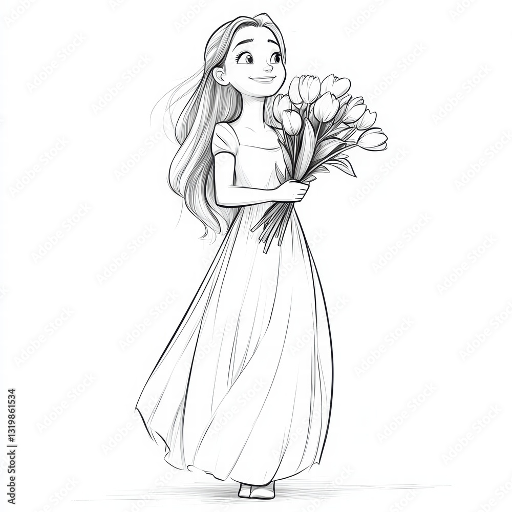 Graceful Sketch: A young woman, sketched in pencil, holds a bouquet of tulips, her flowing hair and dress adding a touch of elegance and beauty to the scene Graceful Sketch: A young woman, sketched in pencil, holds a bouquet of tulips, her flowing hair and dress adding a touch of elegance and beauty to the scene