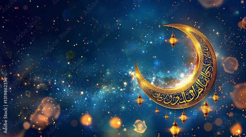 Fototapeta premium Modern Ramadan banner design featuring a golden crescent moon intricate Arabic calligraphy and glowing lanterns against a deep blue abstract background perfect for digital wallpapers and social media
