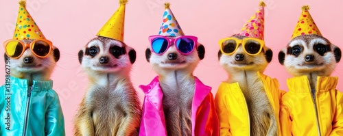 Five meerkats celebrate a party wearing glasses and party hats