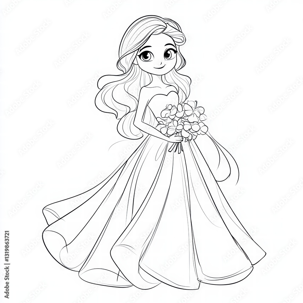 Enchanting Bride Illustration: A captivating line drawing of a bride, adorned in a flowing gown and holding a bouquet, perfect for coloring. Enchanting Bride Illustration: A captivating line drawing of a bride, adorned in a flowing gown and holding a bouquet, perfect for coloring.