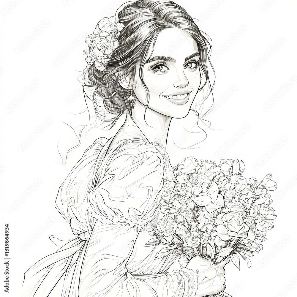 Fototapeta premium Delicate Bride's Sketch: A beautifully illustrated bride, adorned with flowers in her hair and a stunning bouquet, Coloring page