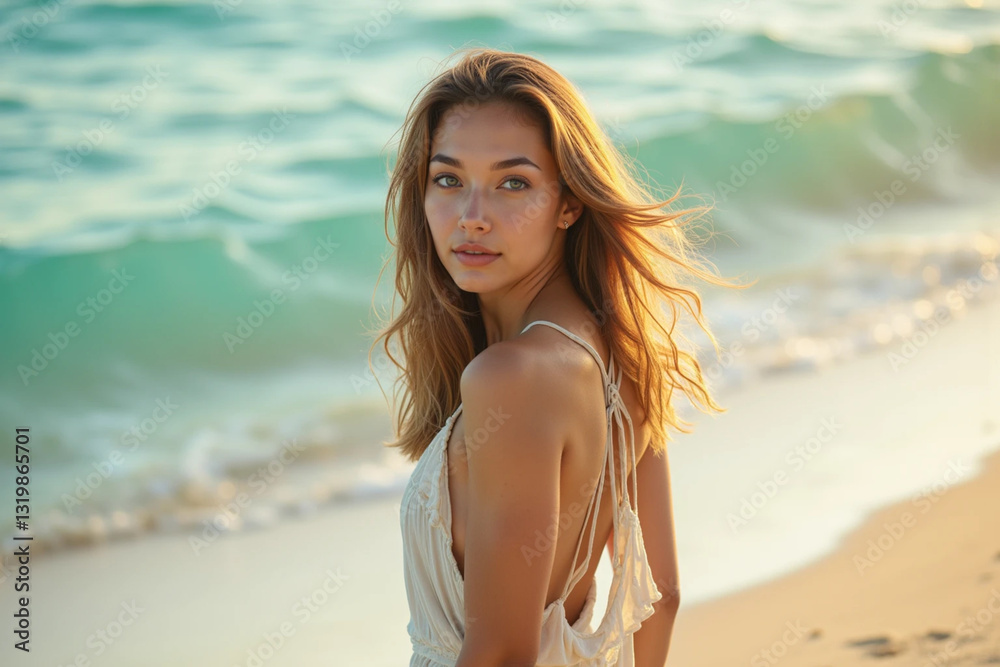 Young Woman in Flowing White Dress Enjoying a Sunset Beach Walk
Young Woman in Flowing White Dress Enjoying a Sunset Beach Walk