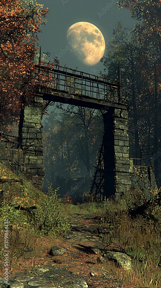 Fototapeta premium Moonlit Forest Bridge Path.