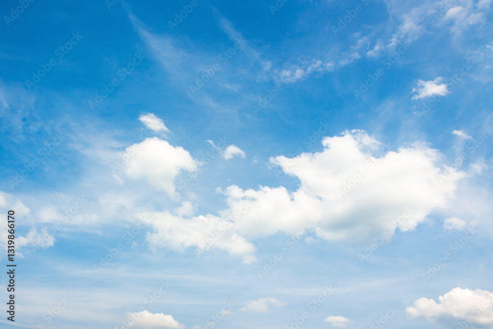 sky with fluffy clouds. holiday windy forecast. white cumulus cloudscape on a blue gradient of atmosphere. sunny summer weather. scenic nature background. meteorology backdrop. fresh air