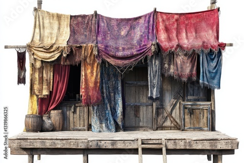 Medieval market square with colorful wooden stalls