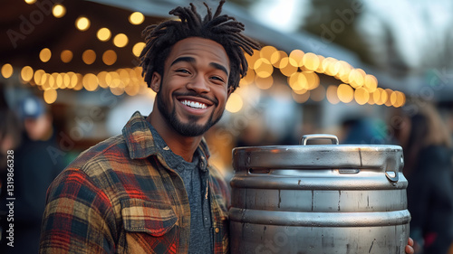 Young man joyfully lifting a beer keg at lively tailgate gathering
