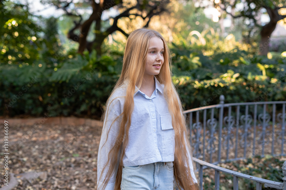 Smiling blonde girl with very long hair walking alone in a park in the late afternoon, wearing a light blue shirt and jeans, looking to the side Smiling blonde girl with very long hair walking alone in a park in the late afternoon, wearing a light blue shirt and jeans, looking to the side