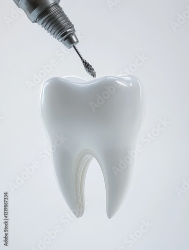 A dental drill approaches a white tooth for treatment
