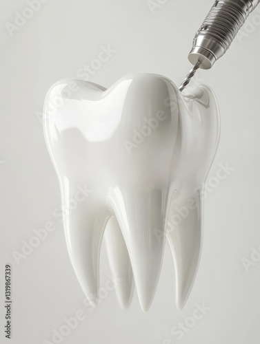 White tooth undergoing dental drilling procedure