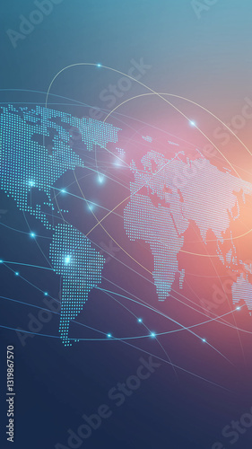 Abstract world map formed by blue dots, connected by glowing lines on a gradient background, showcasing global network concept, ideal for technology or communication themes