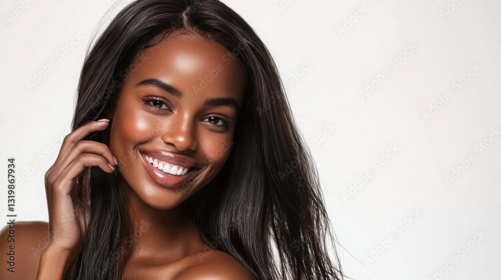 Joyful confidence and beauty in studio portrait of a smiling woman with sleek hair Joyful confidence and beauty in studio portrait of a smiling woman with sleek hair