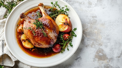 Delight in the flavors of traditional French cuisine with a beautifully plated duck confit, garnished with fresh thyme and side dishes of roasted apples, inviting culinary warmth photo