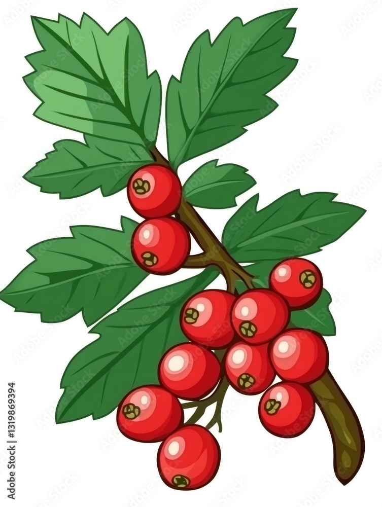 Obraz premium Cartoon illustration of a rowan branch with red berries and green leaves, isolated on white background