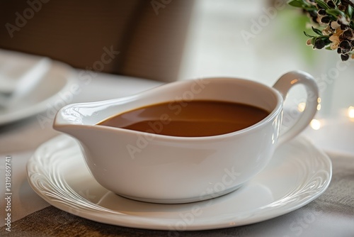 Elegant Gravy Vessel Filled with Rich Brown Sauce, Perfect for Enhancing Your Culinary Experience