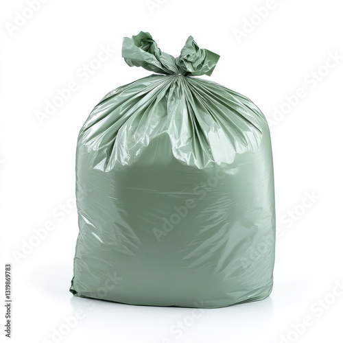 Tightly tied green garbage bag filled with waste materials