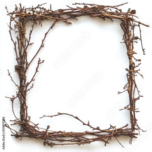 Natural twig frame on a clean white background