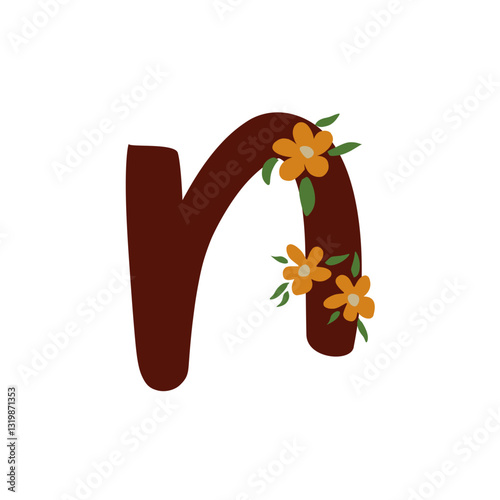 Hand writting of letter n with flower decoration