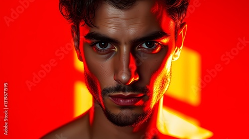 Intense Gaze Portrait: A captivating close-up portrait of a handsome man bathed in dramatic red and orange lighting, highlighting his intense stare and strong features.