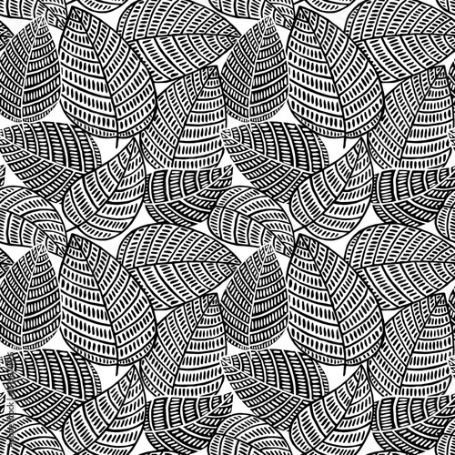 seamless pattern with black leaves on white.Hand made abstract floral vector background
