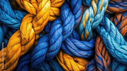 Intricate Knot Tangle: A Colorful Study in Yellow and Blue Ropes Symbolizing Complexity and Hope