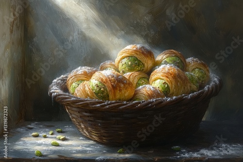 Pistachio croissants in rustic baker's basket with flour dusting and morning sunlight