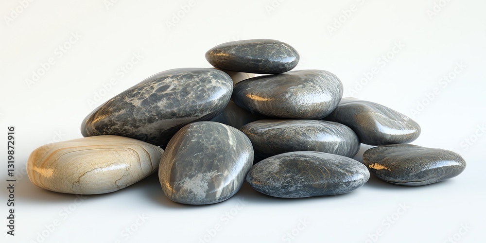 Smooth Gray and Beige River Rocks Piled on White Background Smooth Gray and Beige River Rocks Piled on White Background