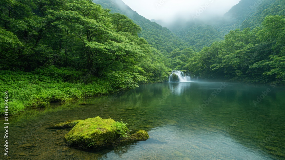 Fototapeta premium Misty Mountain Pool with Waterfall and Lush Greenery