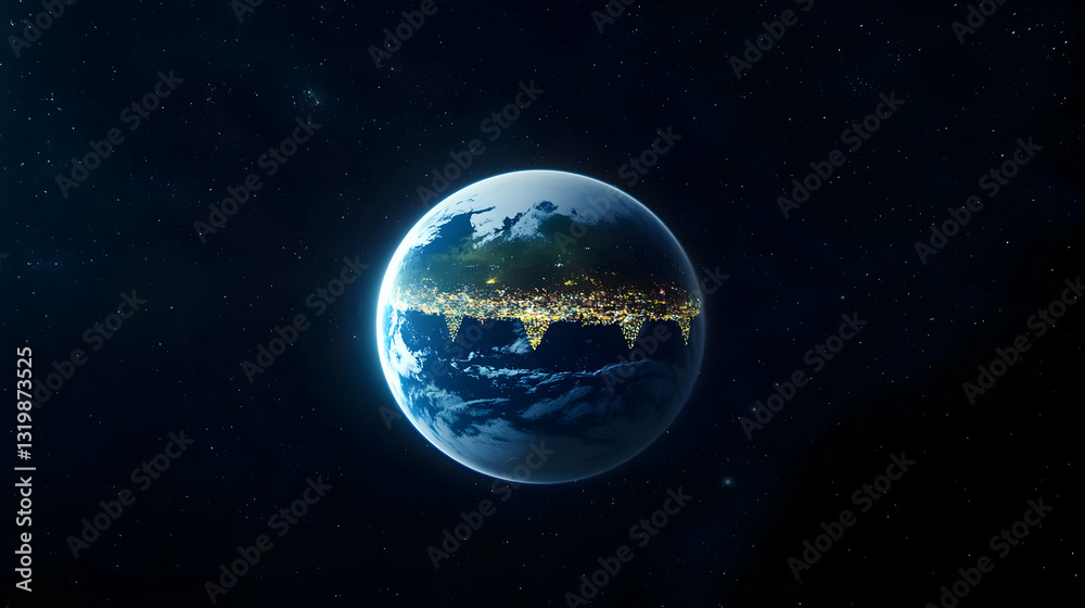A Partially Illuminated Planet Earth From Space at Night with Visible Continents, Oceans, and City Lights A Partially Illuminated Planet Earth From Space at Night with Visible Continents, Oceans, and City Lights