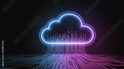 Glowing cloud symbol with circuit lines below, representing data storage, connectivity, and cloud computing technology, suitable for tech or digital concepts