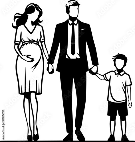 happy family with a baby,A touching family scene with a pregnant woman, her husband, and their child, portrayed in a silhouette style, exuding harmony.