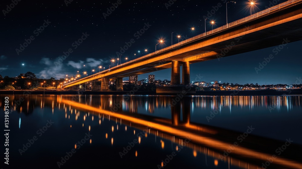 Fototapeta premium Nighttime Reflections of Gateshead's Iconic Bridge on the Brew River: A Stunning Cityscape of Newcastle, Australia