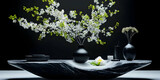 Minimalist Product Photography Scene Featuring Elegant Vases and Delicate Flowers on a Black Background