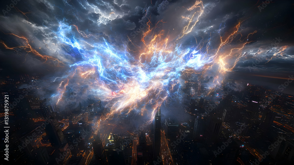 Neon Storm Unfolding Over a Dark Futuristic Cityscape with Vibrant Light and Dramatic Clouds Neon Storm Unfolding Over a Dark Futuristic Cityscape with Vibrant Light and Dramatic Clouds