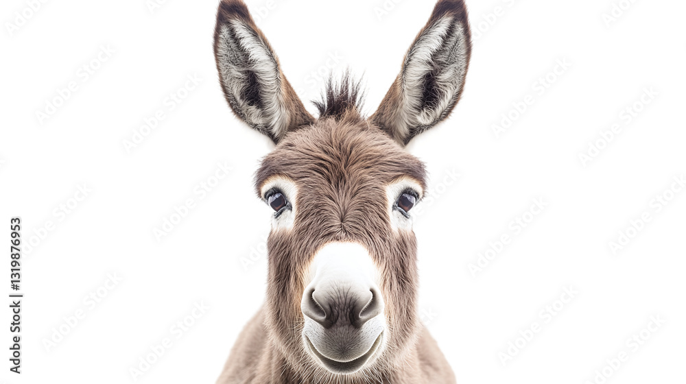 Fototapeta premium Close up face of a funny donkey, isolated on transparent background cutout.