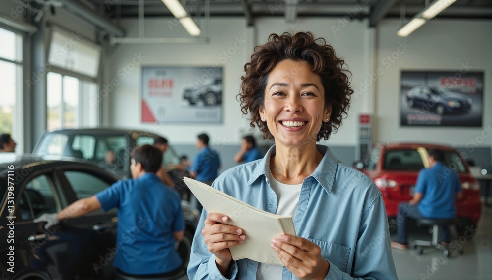 Obraz premium Smiling woman with curly hair holding a clipboard in a busy auto repair shop, bright and modern background, customer service concept of automotive industry