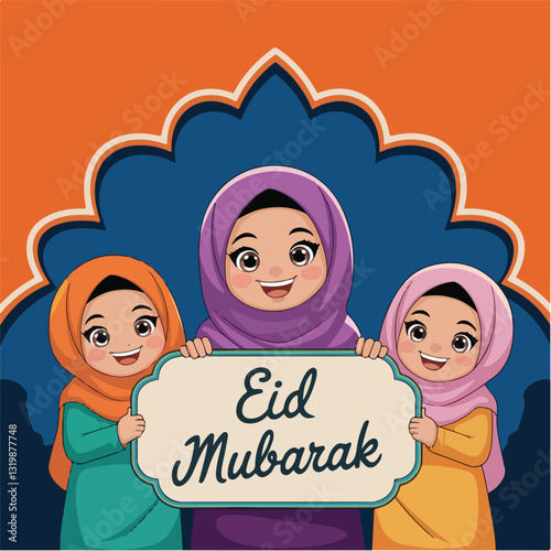 Eid mubarak vector with muslim kids. Happy Eid Mubarak. Muslim Kid Celebrating Eid Mubarak. religious holiday is celebrated by Muslims, Islamic holidays Greeting card. Eid Mubarak Urdu Calligraphy.