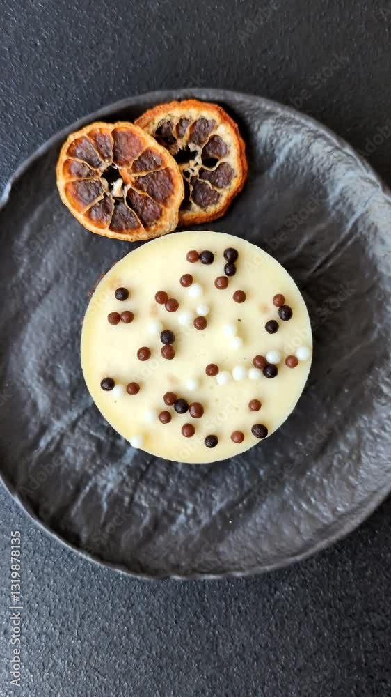Sweet round tart three chocolates on dark concrete background Sweet round tart three chocolates on dark concrete background