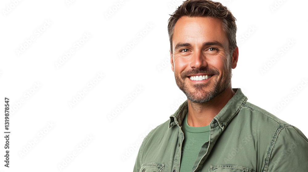 Portrait of a handsome man smiling, wearing a green shirt in a casual pose, isolated on a transparent background. Portrait of a handsome man smiling, wearing a green shirt in a casual pose, isolated on a transparent background.