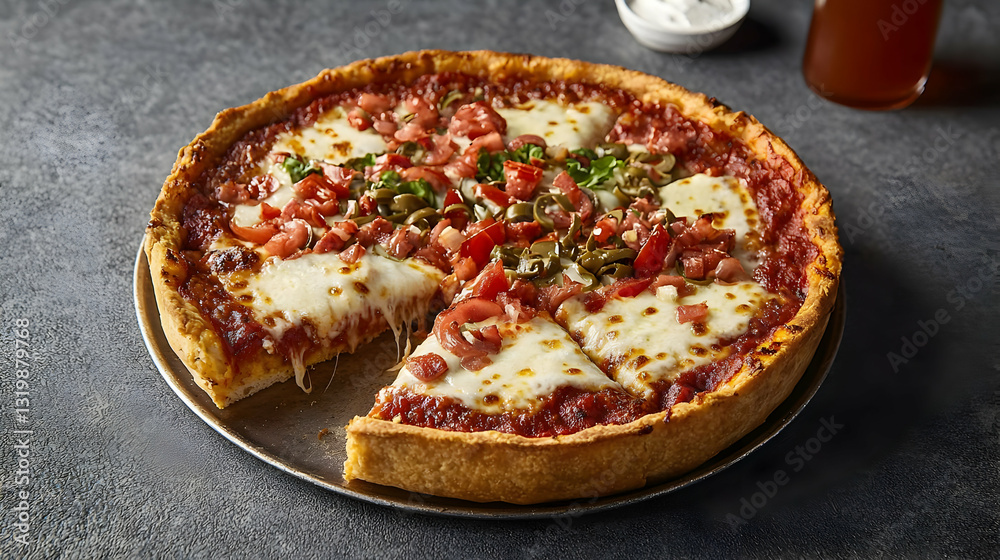 Overhead View of a Deep Dish Pizza with Tomato Mozzarella Cheese and Herbs Served on a Metal Plate with Drink and Sauce Beside Overhead View of a Deep Dish Pizza with Tomato Mozzarella Cheese and Herbs Served on a Metal Plate with Drink and Sauce Beside