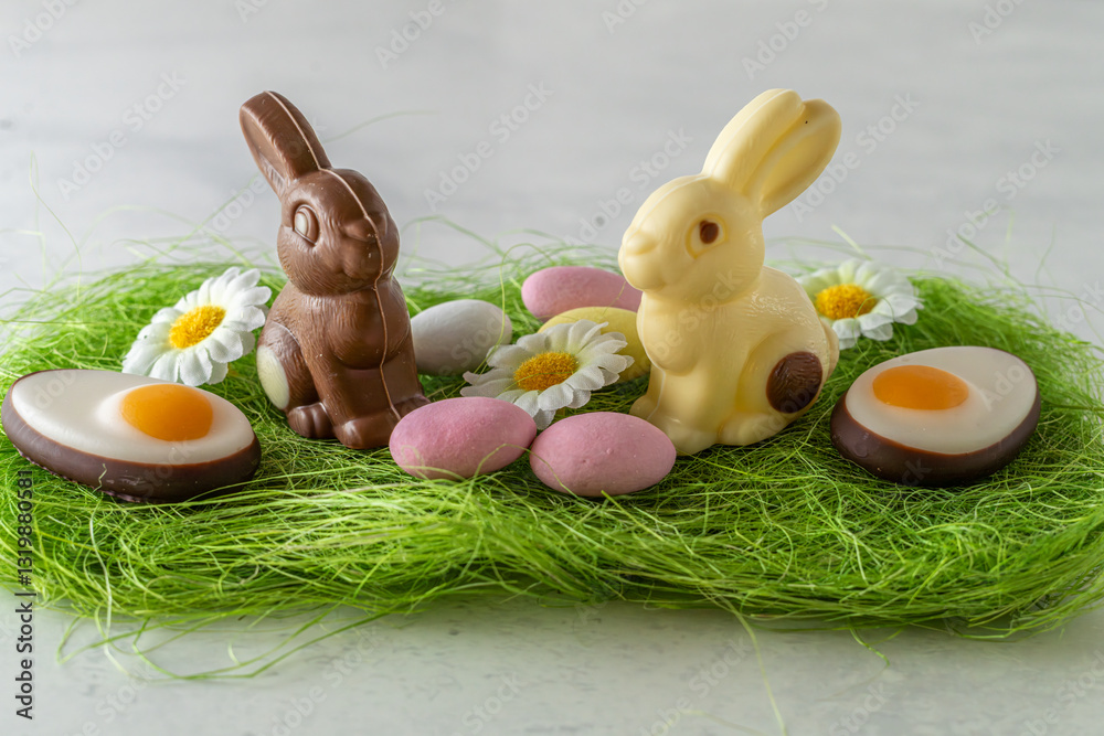 Fototapeta premium Spring easter decor. Brown and white Chocolate bunny and pastel colored almond sweets, egg marzipan on green gras pad on white marble stone table. Light and airy, high angle view, copy space