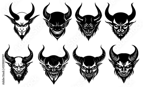 Set of vector illustrations with black demon or devil heads