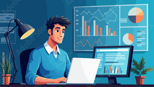 Focused Data Analyst Examining Internet Statistics on Laptop Computer at Modern Workplace