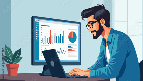 Focused Data Analyst Examining Internet Statistics on Laptop Computer at Modern Workplace