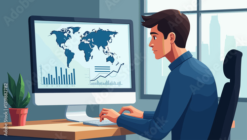 Focused Data Analyst Examining Internet Statistics on Laptop Computer at Modern Workplace